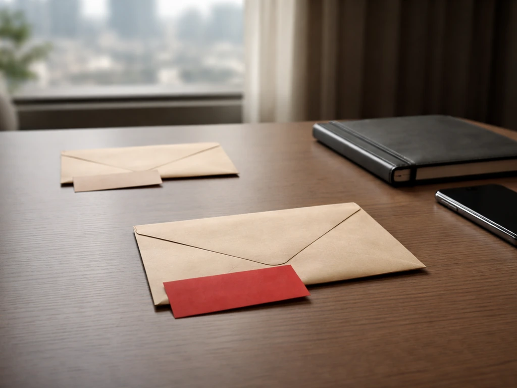 Minimal business desk scene with envelopes and blank tags suggesting public vs private information.