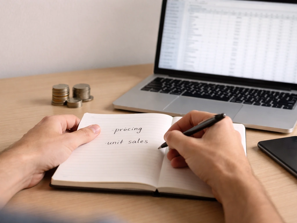 Hands reviewing blank notebook and coins on a desk with a laptop, suggesting private company valuation logic.