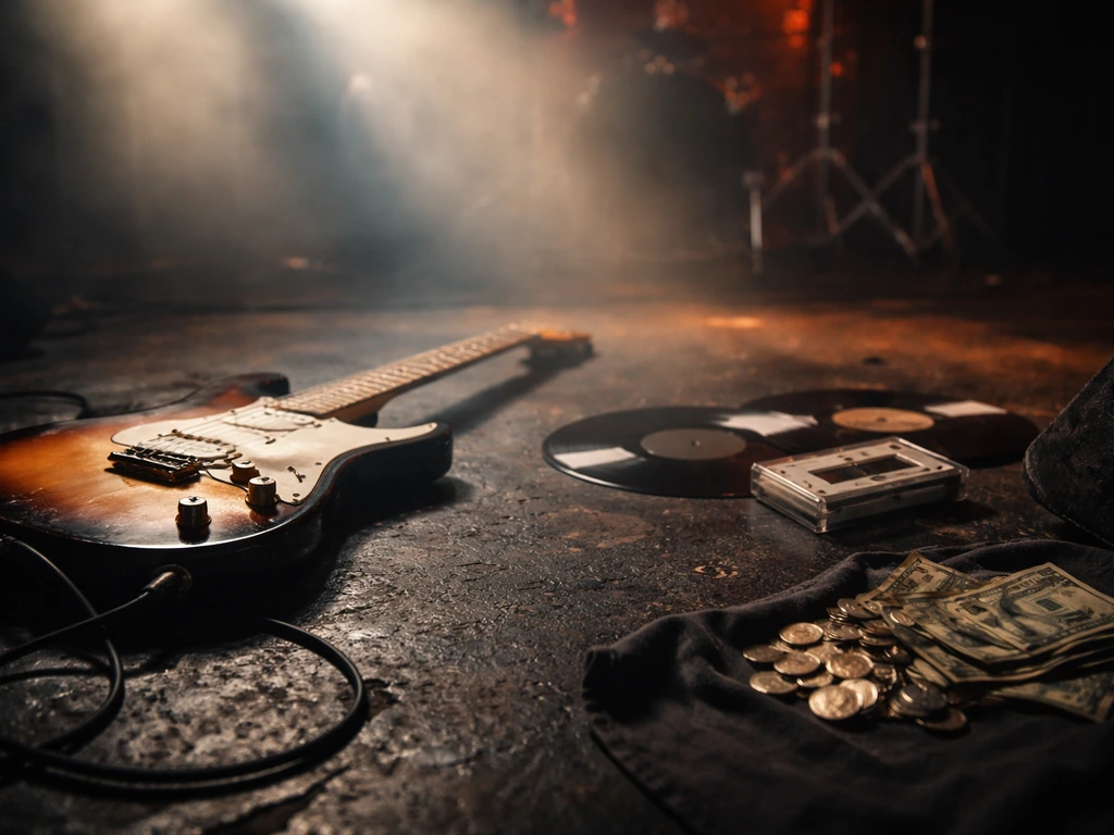 Moody rock stage with electric guitar, vinyl records, and cash-like props under dramatic lighting