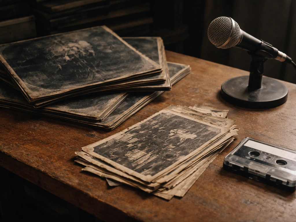 Worn vinyl records, aged flyers, and a retro microphone on a desk in natural light.