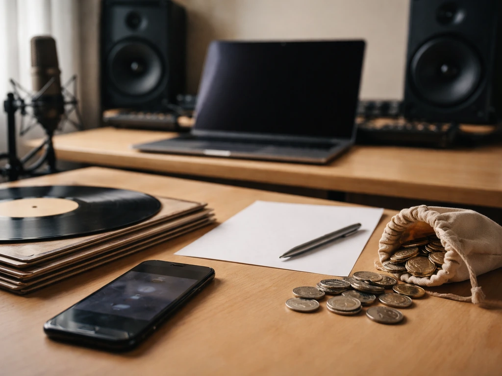Minimal photo of a recording studio desk with cash, streaming media cards, and a tour ticket stub symbolizing band incom