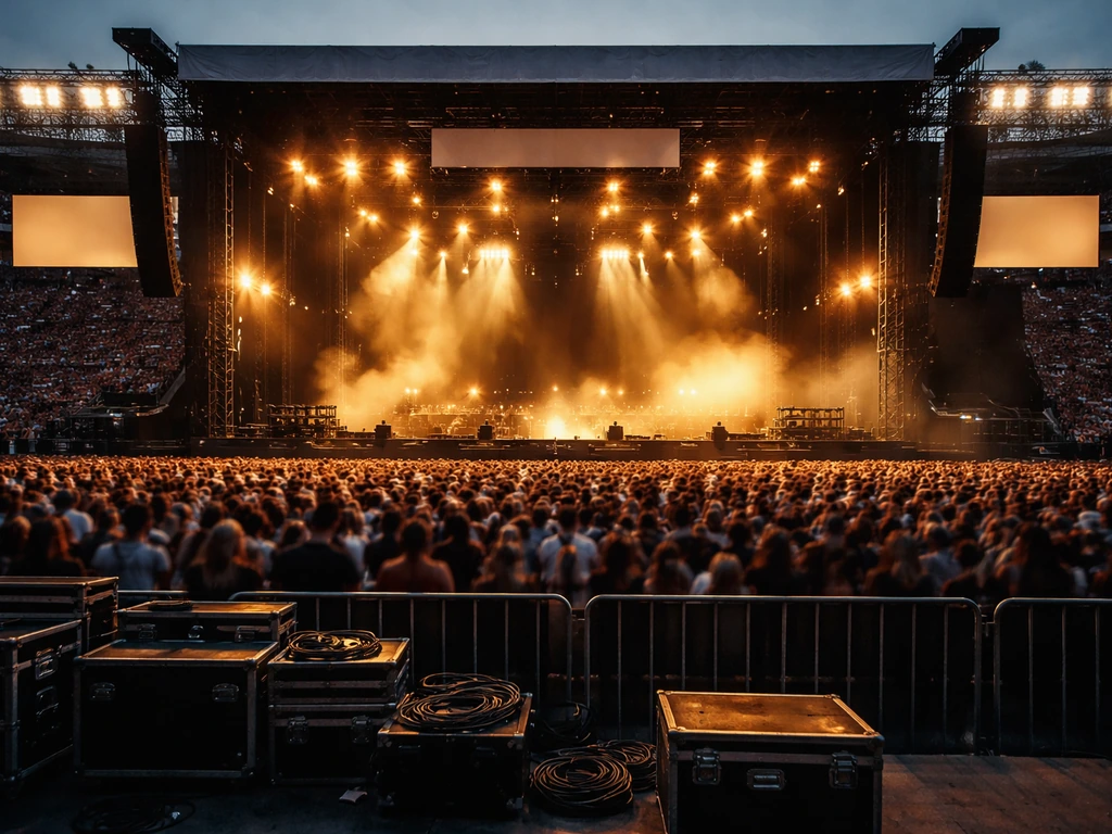 Amphitheater concert scene with lit stage and blurred crowd, showing tour-scale energy without any readable text.