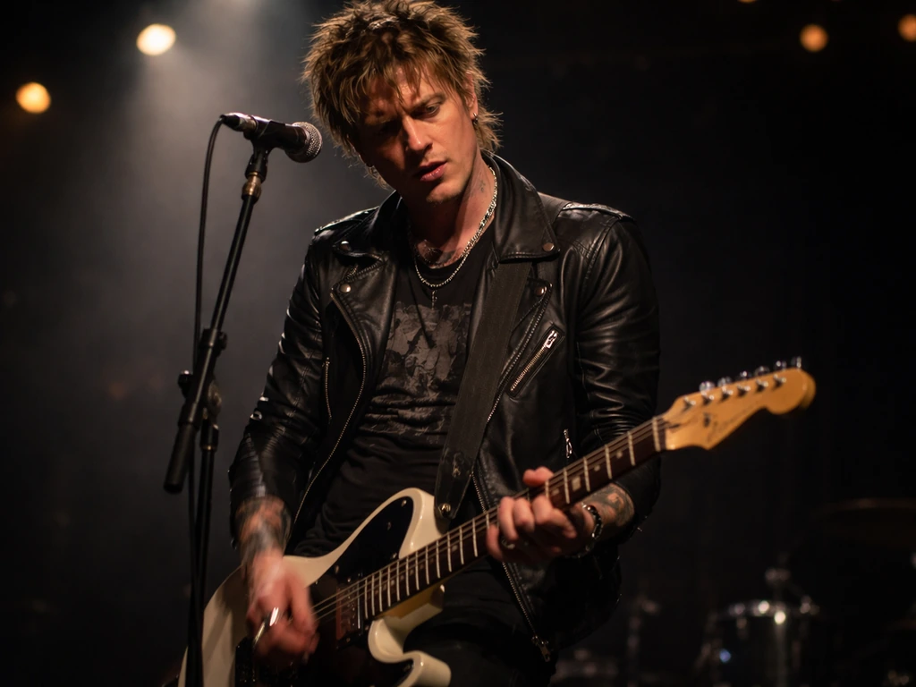 Rock frontman strumming an electric guitar on a small stage under soft lights