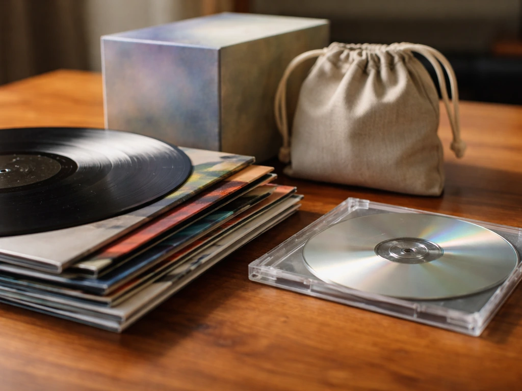 Close-up of stacked vinyl records and a CD case on a wooden table with soft studio lighting.