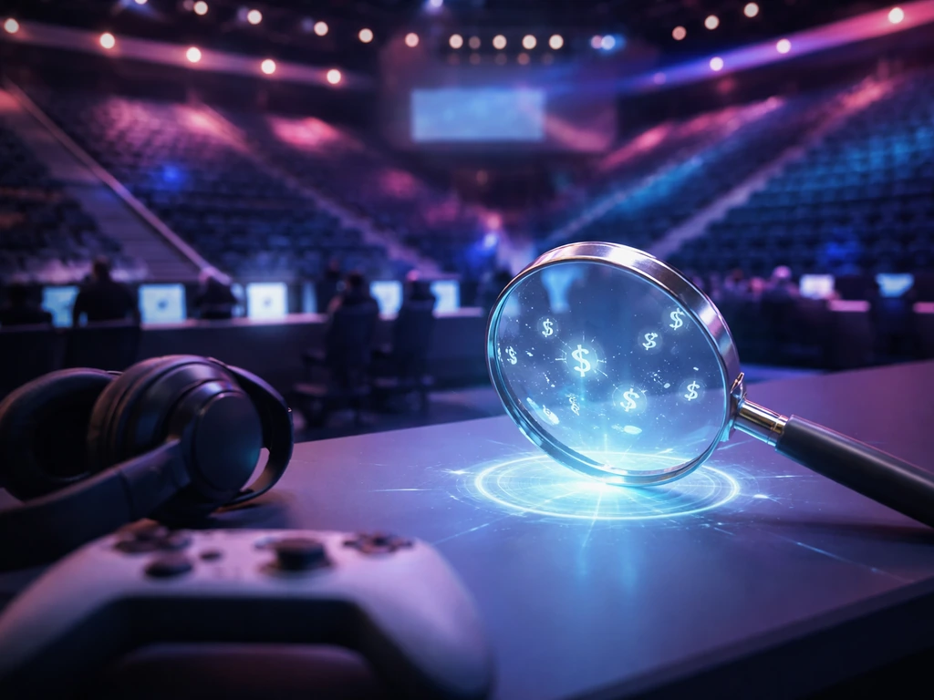 Minimal esports arena scene with a magnifying glass over a glowing money motif, suggesting verification