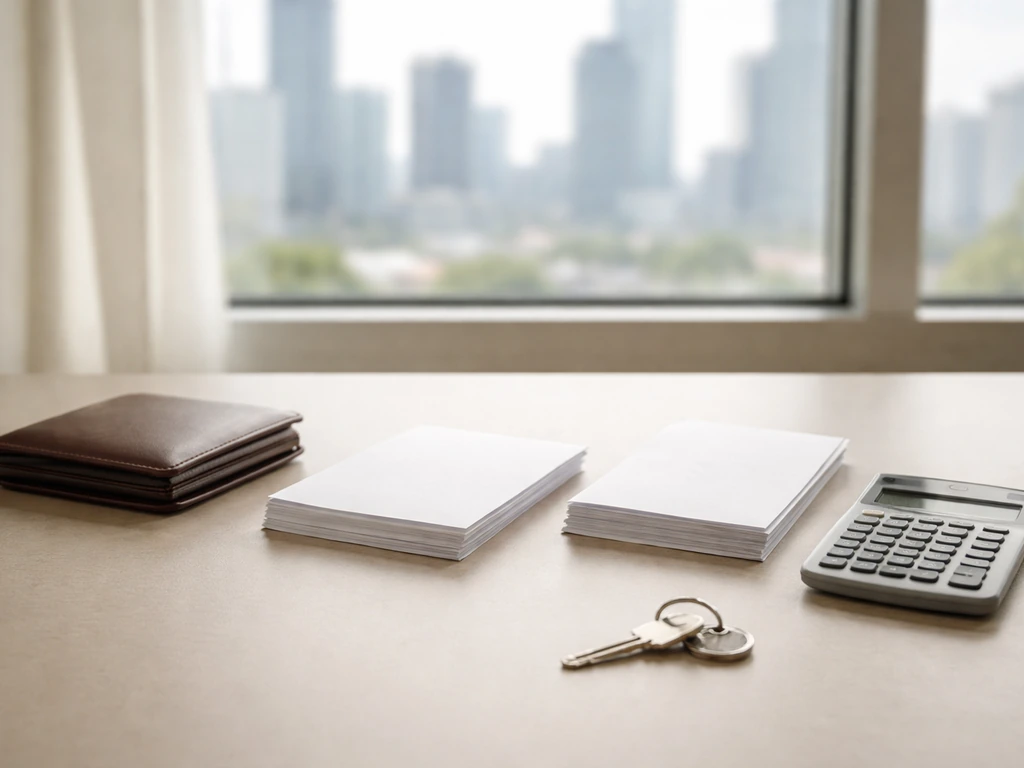 Minimal desk scene with scattered finance papers and a calculator, symbolizing asset minus liabilities