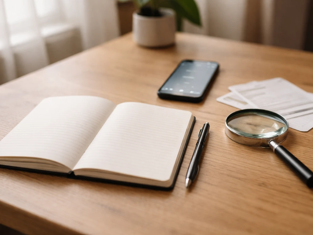 Desk setup with notebook, pen, magnifying glass, and smartphone showing a generic search screen, minimal and uncluttered