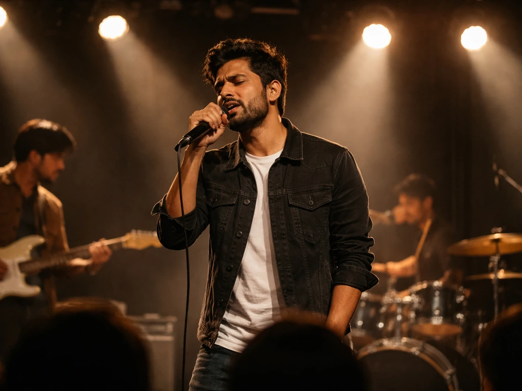 Anonymous Indian singer performing live with a small band on a warmly lit concert stage