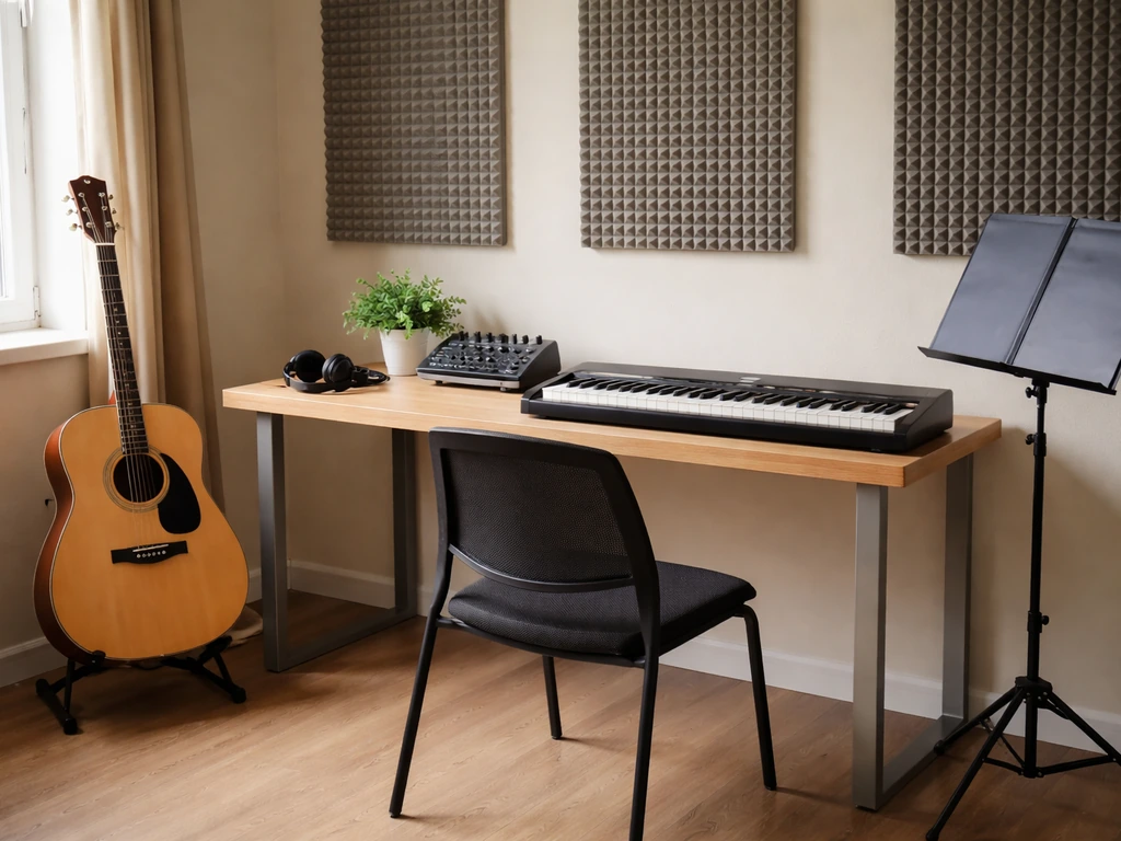 Empty music classroom with guitar, keyboard, headphones, and small audio gear in natural light.