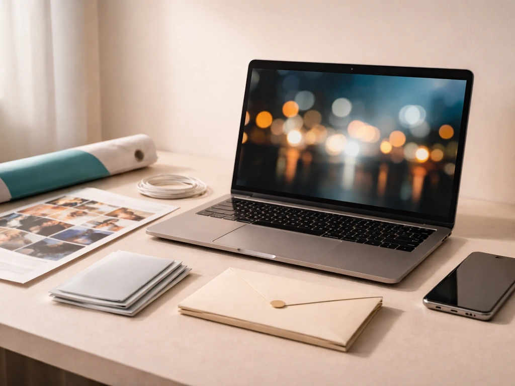 Close-up of media and sponsorship materials on a desk with a laptop showing blurred city lights