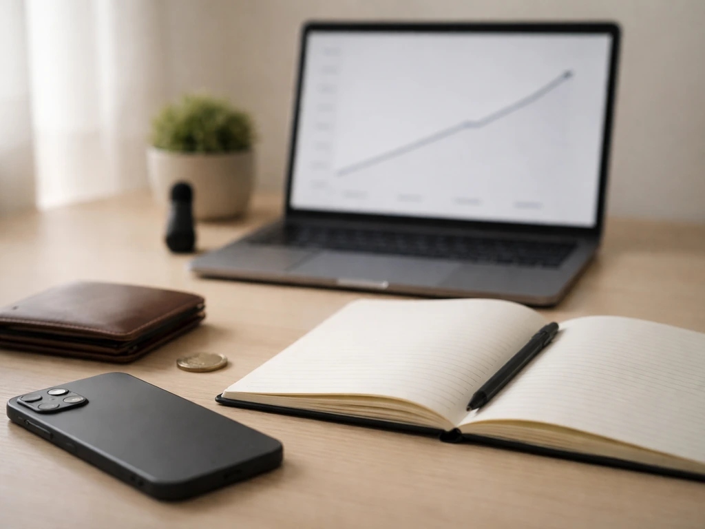 Minimal home office desk with an upward trend line on a laptop screen, symbolizing net worth growth.