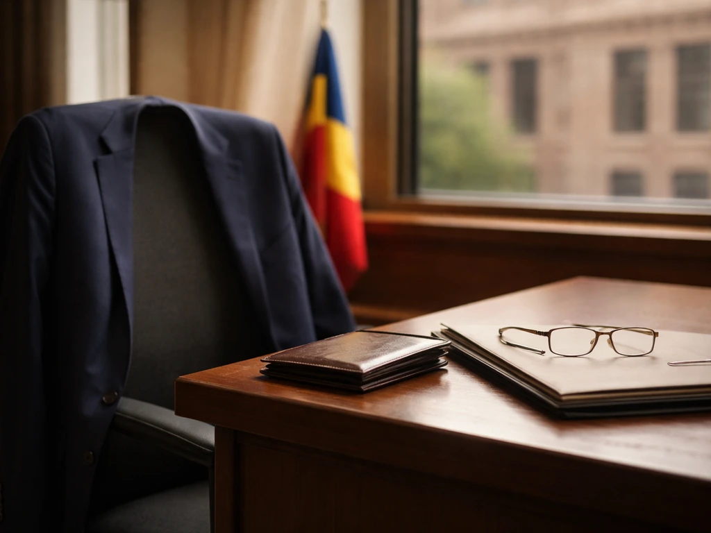 Minimal office scene with a suit jacket and Romanian flag colors, evoking politics and wealth inquiries.