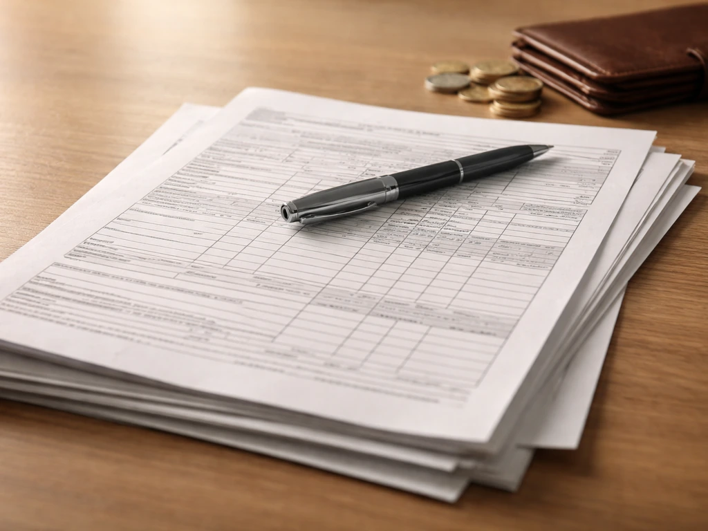 Close-up of asset declaration paperwork on a desk with a pen, evoking net worth estimate calculations.