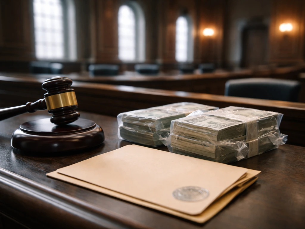 Courtroom interior with a gavel beside scattered cash bundles and a sealed folder, symbolic legal seizure