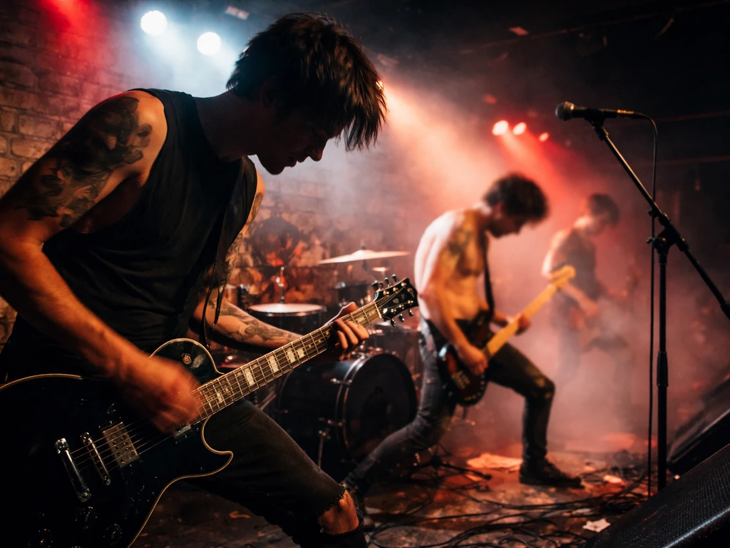 Anonymous punk guitarist performing on stage with motion blur and dramatic club lighting.
