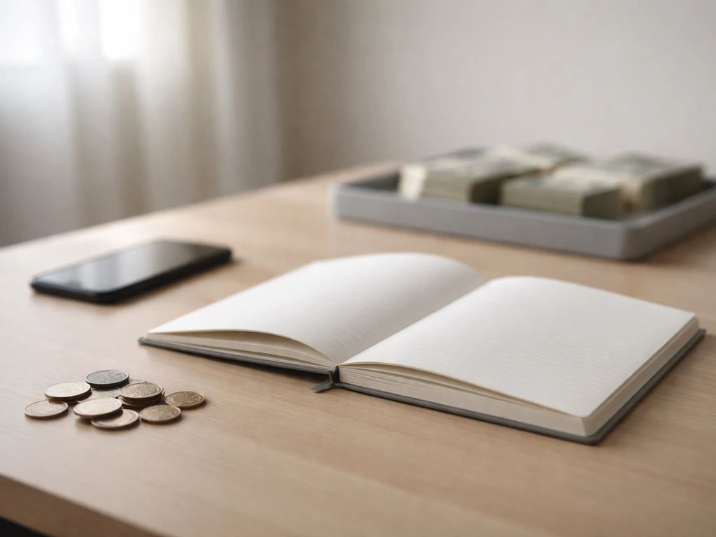 Minimal desk scene showing uncertainty in wealth estimates: scattered papers and coins in soft light