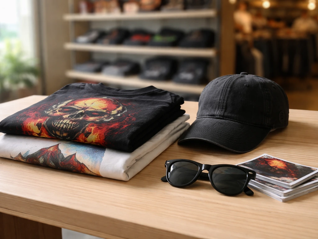 Minimal collage of folded band T-shirts and small accessories on a wooden table, merch storefront vibe