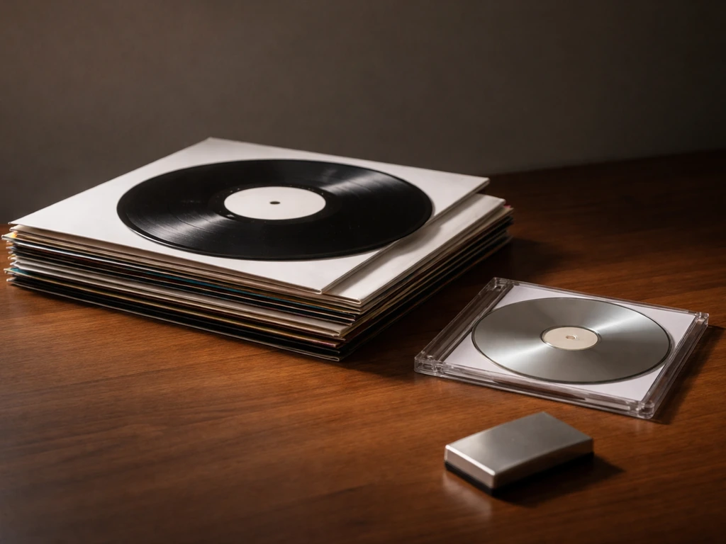 Glossy vinyl records and a CD case on a dark tabletop, symbolizing music imprint ownership.