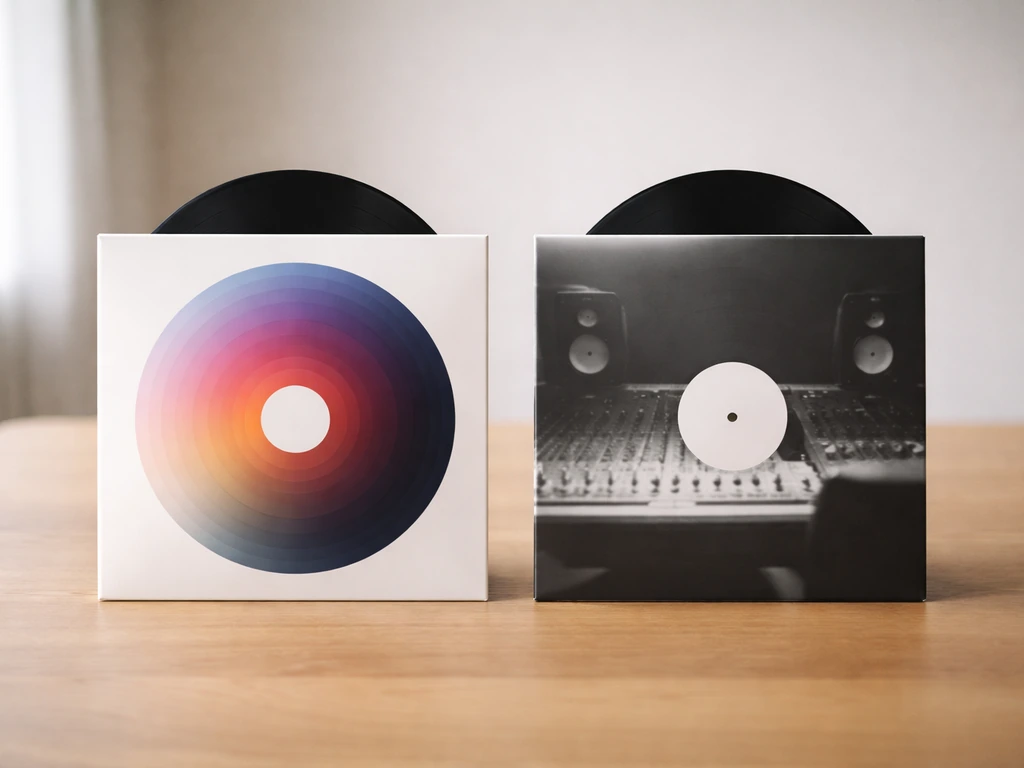Two vinyl records on a wooden table, suggesting confusion between song and artist identities.