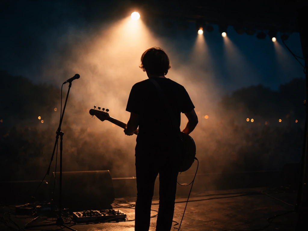 Concert stage at dusk with blurred spotlight beams and silhouetted guitarist under moody lighting