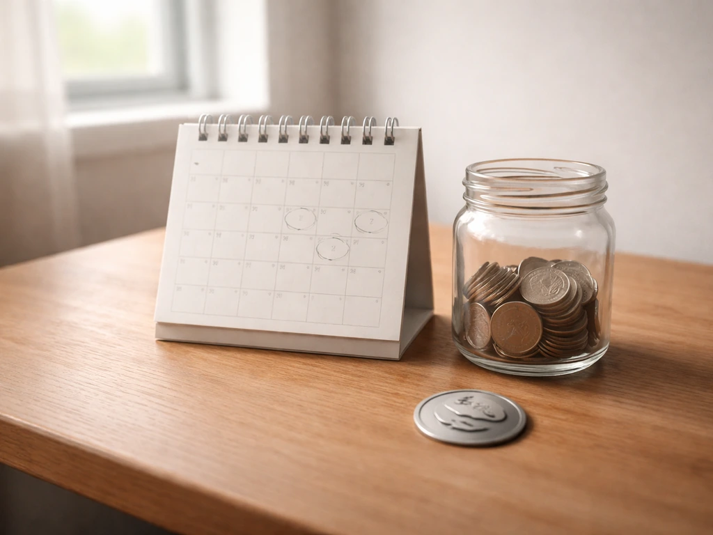 Minimal desk scene with a glowing calendar and a small coin-like icon symbolizing ongoing catalog income.