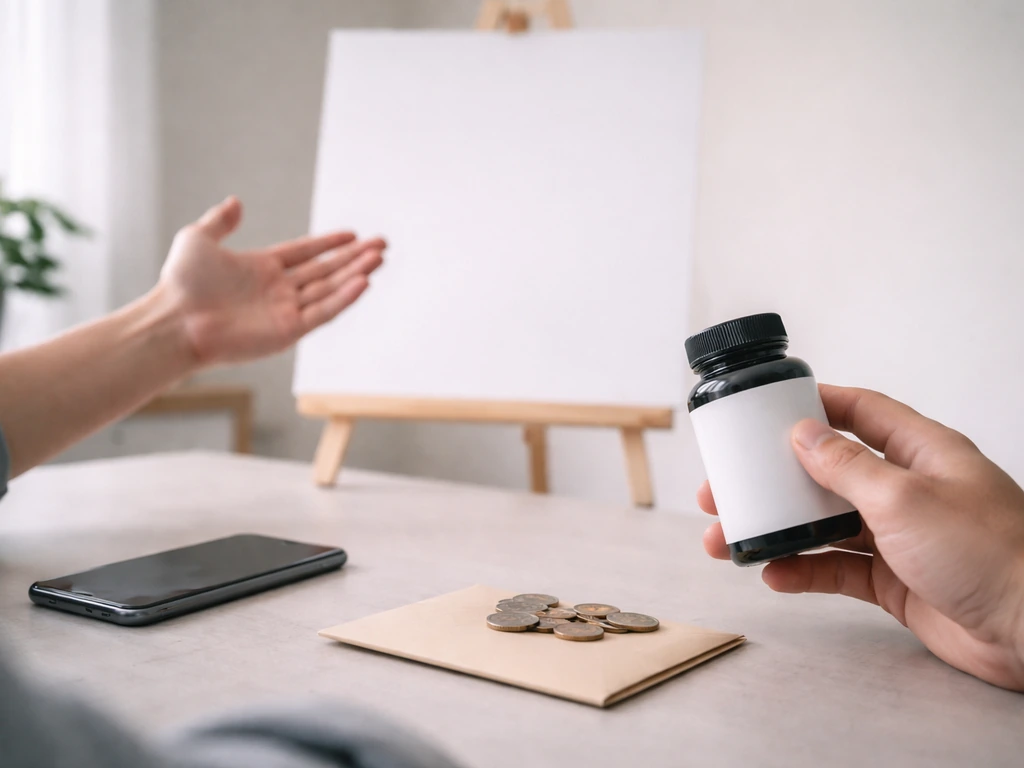 Anonymous business pitch scene with a handheld product concept and a valuation theme in a studio-like room