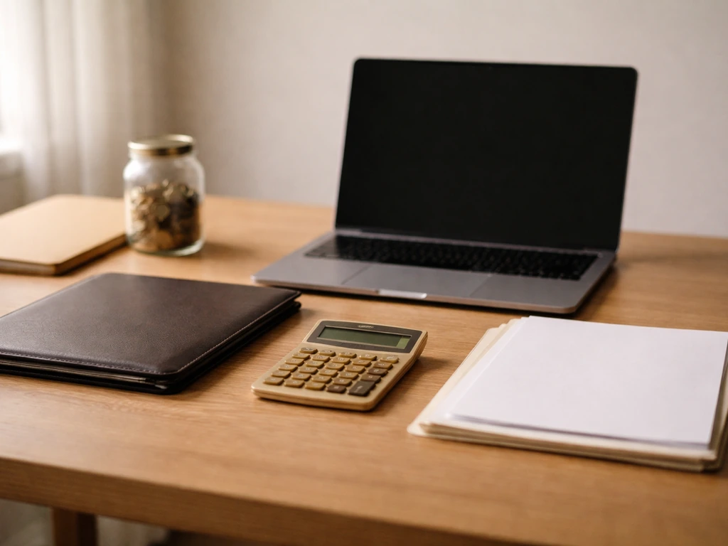 Minimal desk scene with calculator and papers symbolizing valuation and equity split from a pitch.