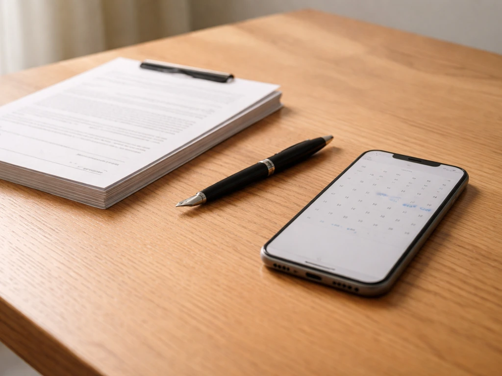 Minimal photo of a desk with documents, a pen, and a smartphone showing a timeline-like calendar