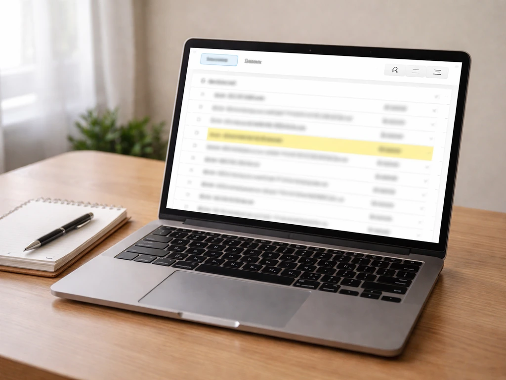 Laptop on a desk showing blurred company-record search results for self due diligence