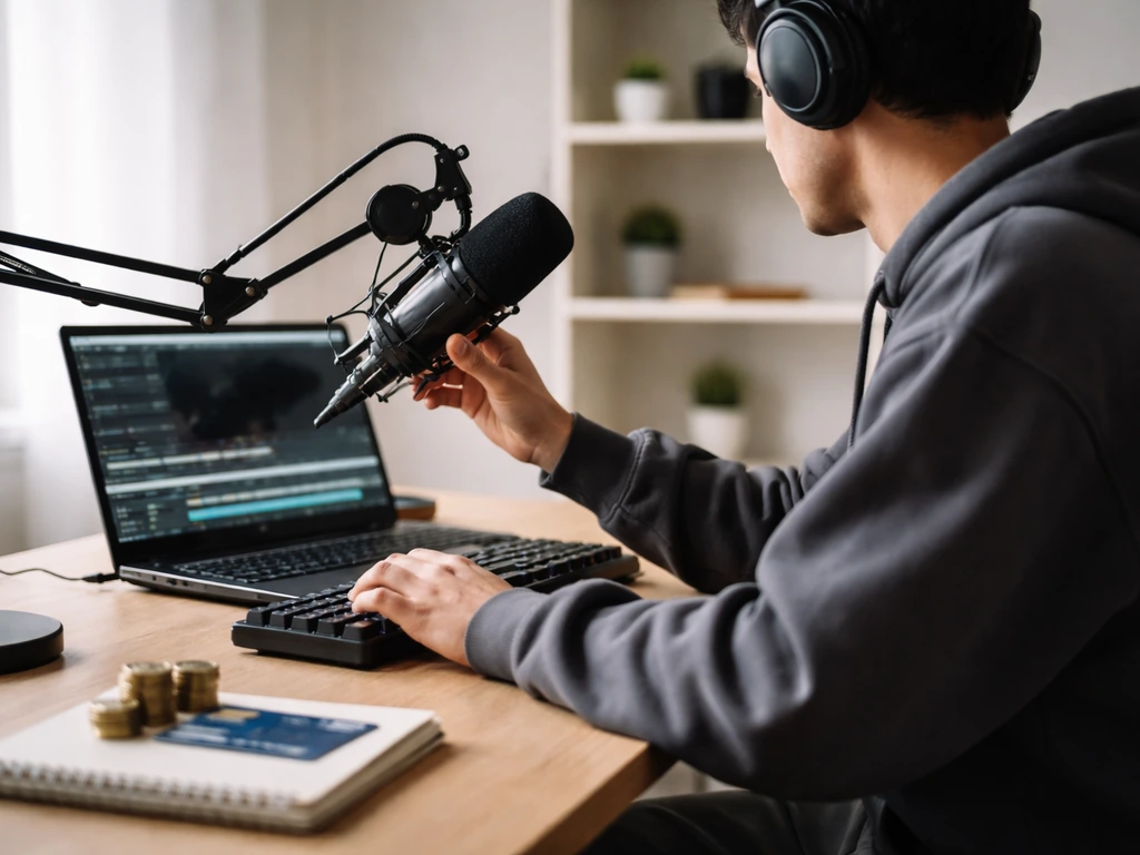 Anonymous gaming creator in a home studio with a microphone, laptop, and coins symbolizing creator income.