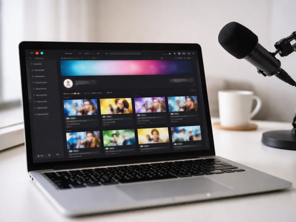 Laptop with a YouTube-style channel dashboard on a desk beside a studio microphone.