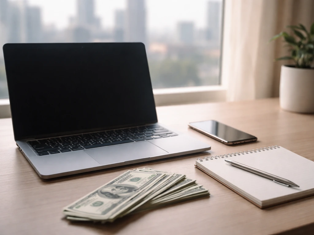 Minimal home-office desk with laptop, smartphone, and fanned cash suggesting modeled earnings assumptions.