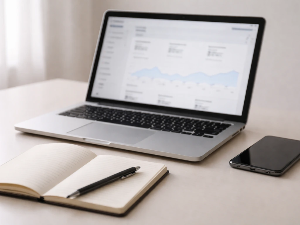 Minimal desk scene with laptop showing a generic analytics website, notebook, and smartphone for verifying earnings clai