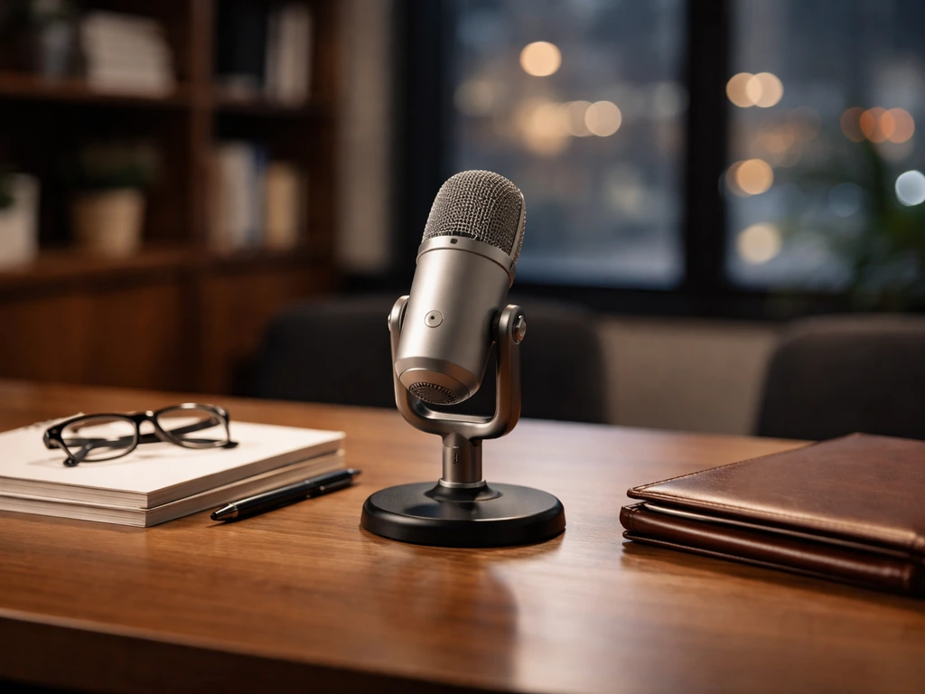 Minimal business hero image with a microphone and a polished desk suggesting Dragons’ Den net worth analysis.