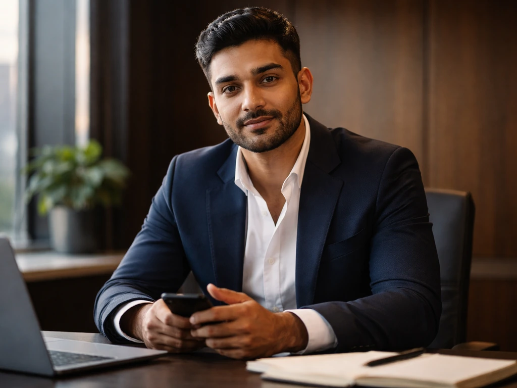 Anonymous British-Indian businessman in a blazer seated in a quiet office with a blurred city view.