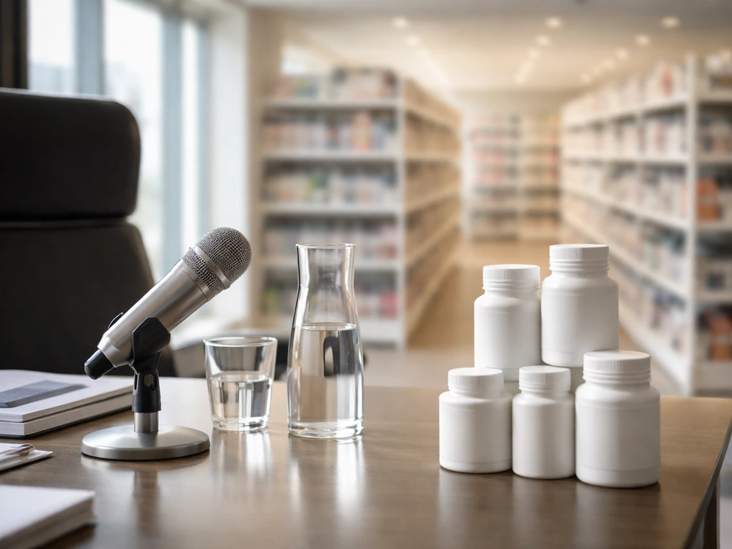 Minimal office desk with anonymous supplement bottles and a microphone, suggesting a major vitamins business.