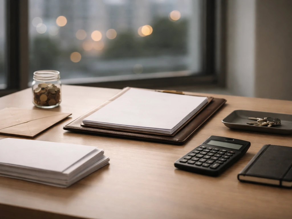 Minimal desk with blank documents, calculator, coins, and office window light symbolizing asset breakdown
