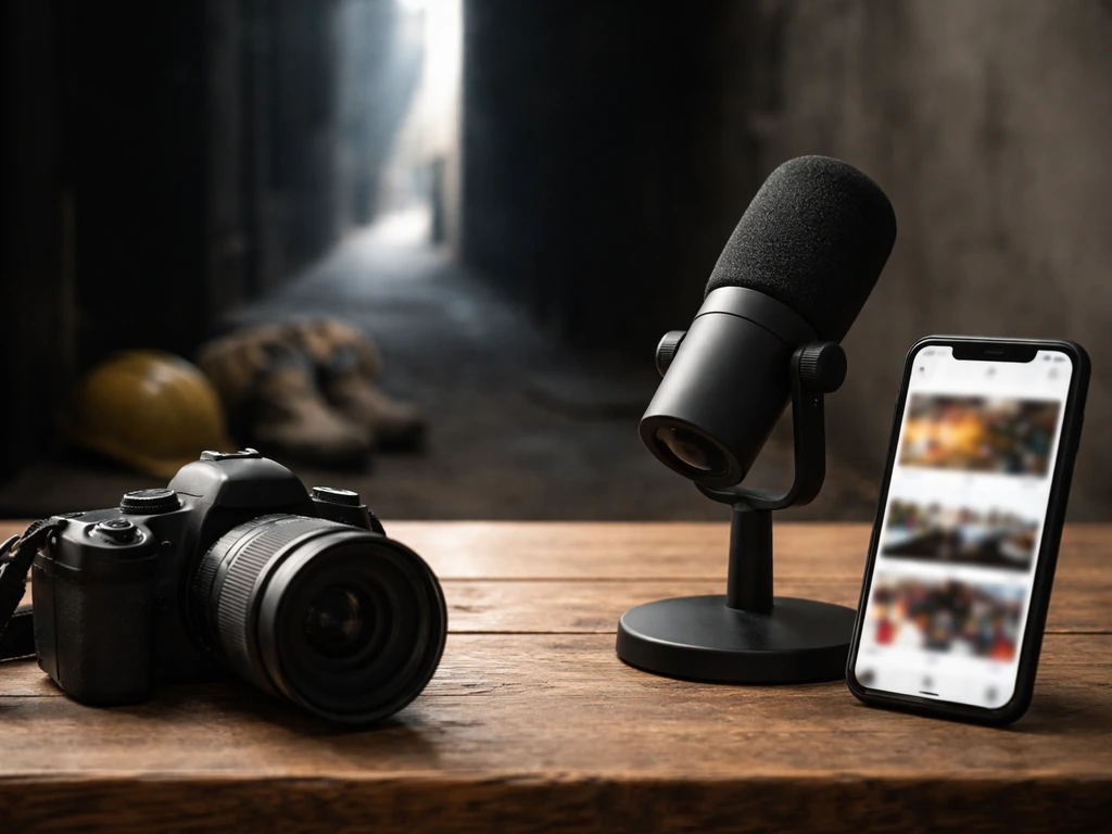 Urban exploration creator themed desk scene with a camera, microphone, and smartphone showing blurred social media visua
