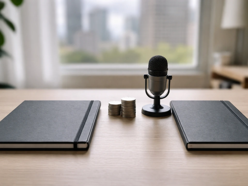 Two side-by-side folders on a desk with a microphone and coins, symbolizing a creator comparison.