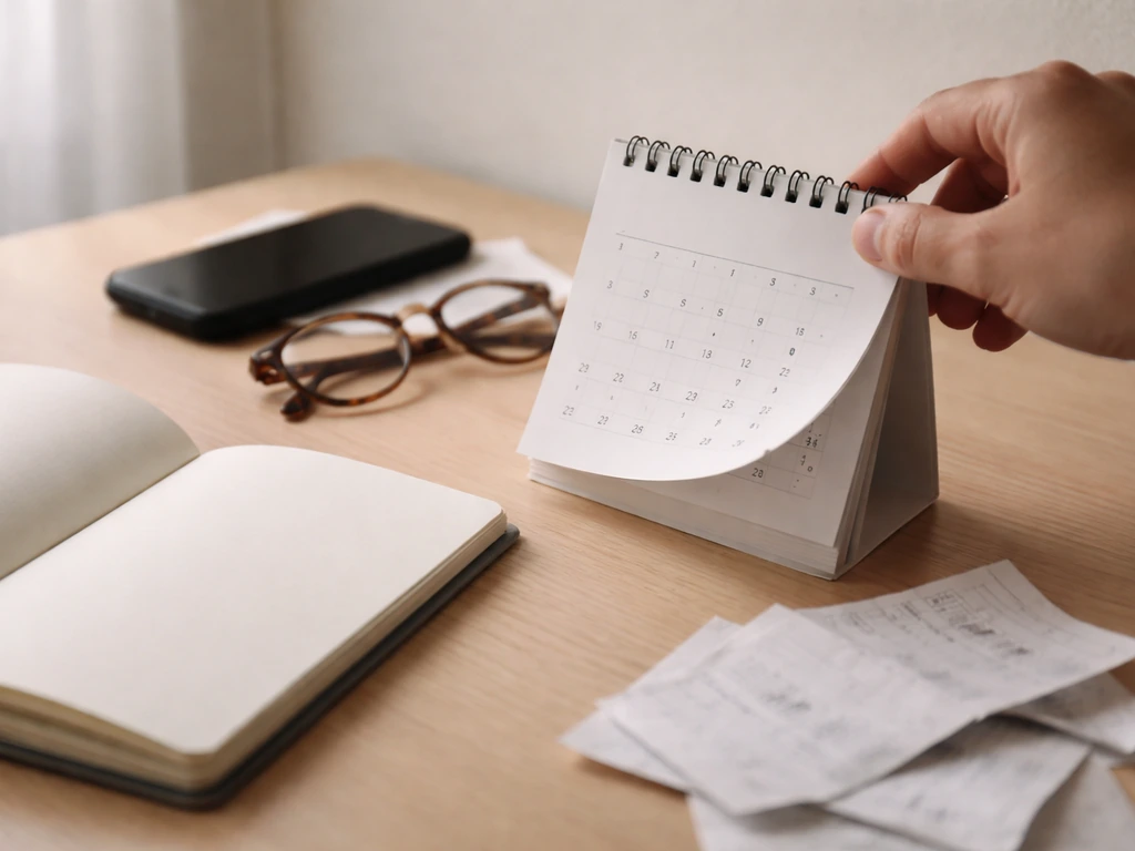 Minimal desk scene with calendar and phone, suggesting checking date before trusting financial estimates.