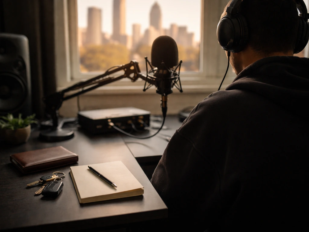 Anonymous studio desk scene with microphone and wallet props beside a blurred Atlanta skyline view.