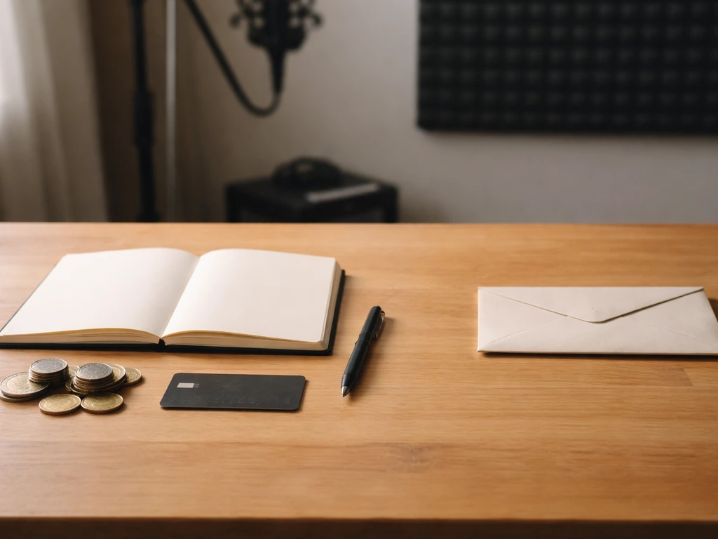 Minimal photo of a musician’s studio desk with a coin, credit card, and open notebook suggesting assets minus debts