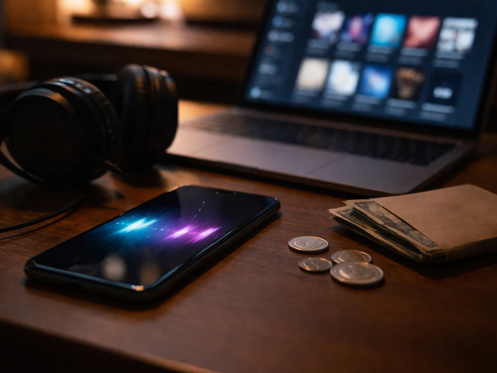 Smartphone and headphones on a studio desk with coins, suggesting streaming plays and digital royalties.