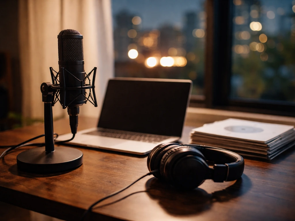 Minimal music studio desk with microphone and headphones symbolizing collaborations and sync potential.