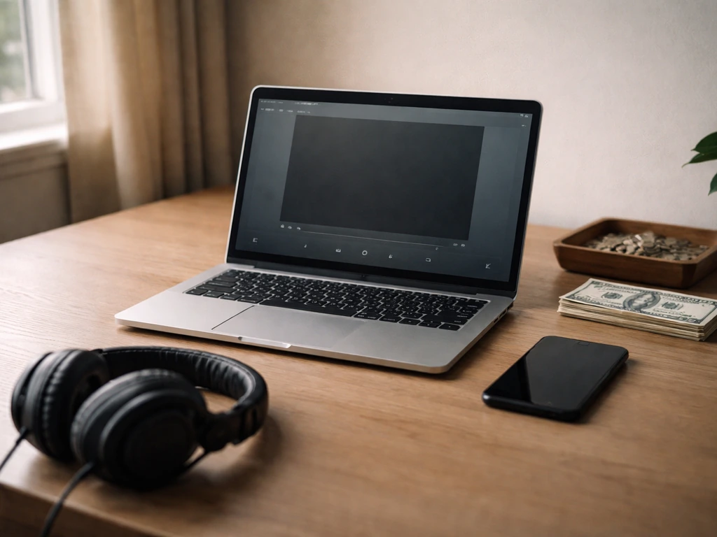 Minimal desk scene with laptop and phone beside cash and headphones, suggesting public media earnings signals.