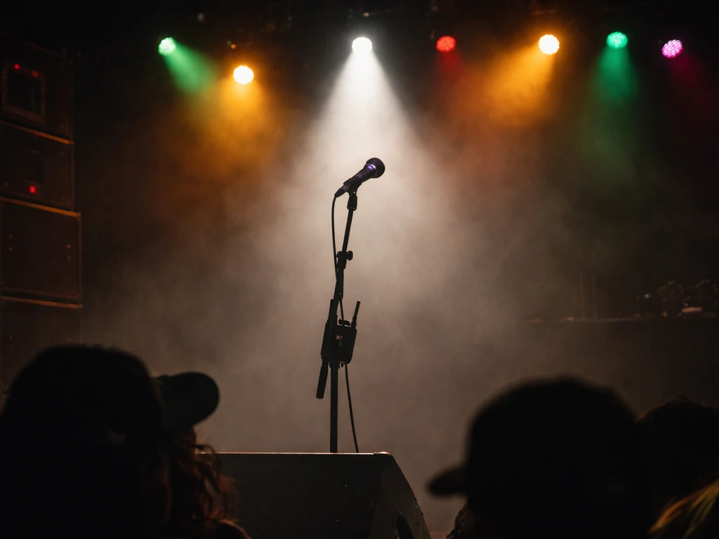 Empty microphone stand under stage lights at a dancehall music event, hinting at a creator’s world.