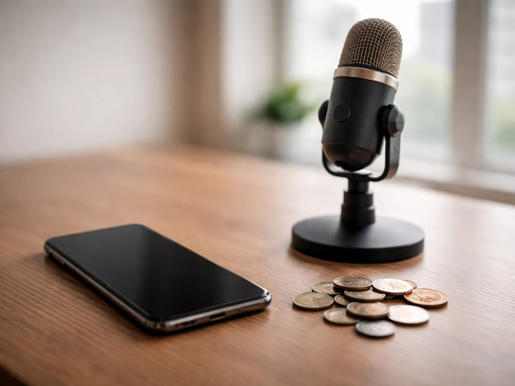 Minimal photo of a desk with a smartphone and studio microphone beside scattered coins, symbolizing estimated wealth fac