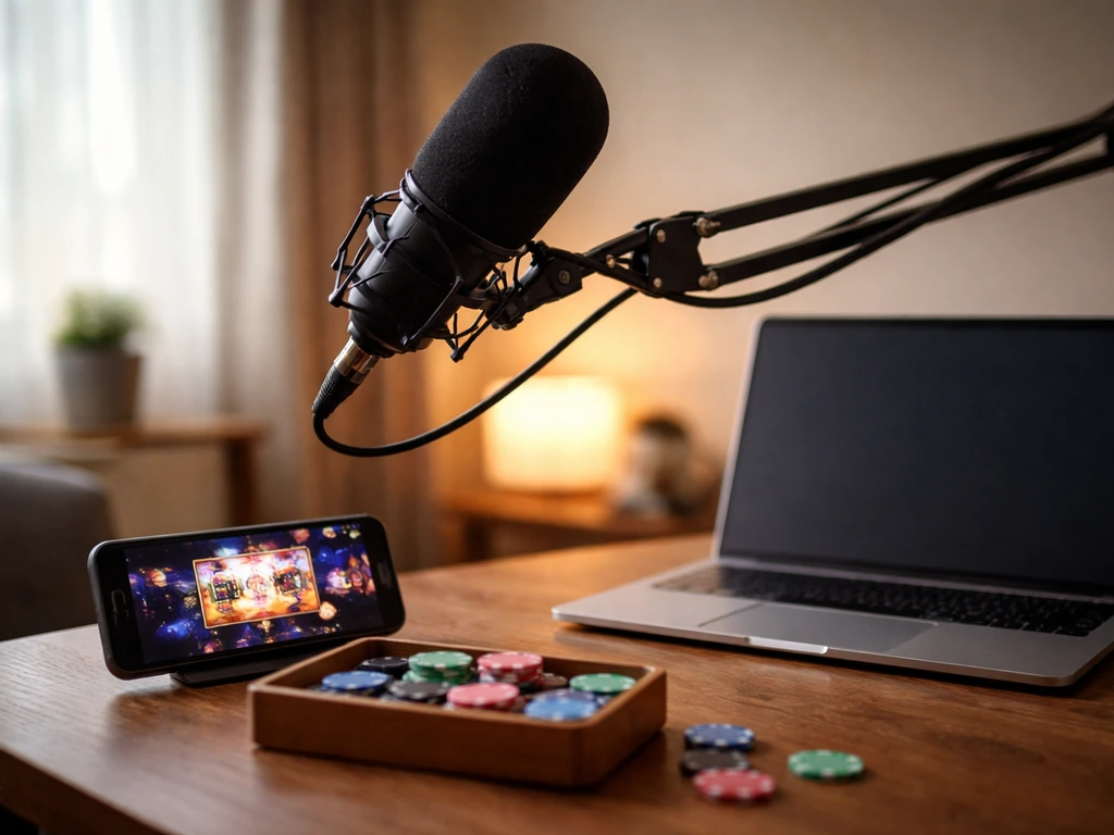 Anonymous studio desk with a microphone, smartphone, and coin-like tokens symbolizing slot-video finances.