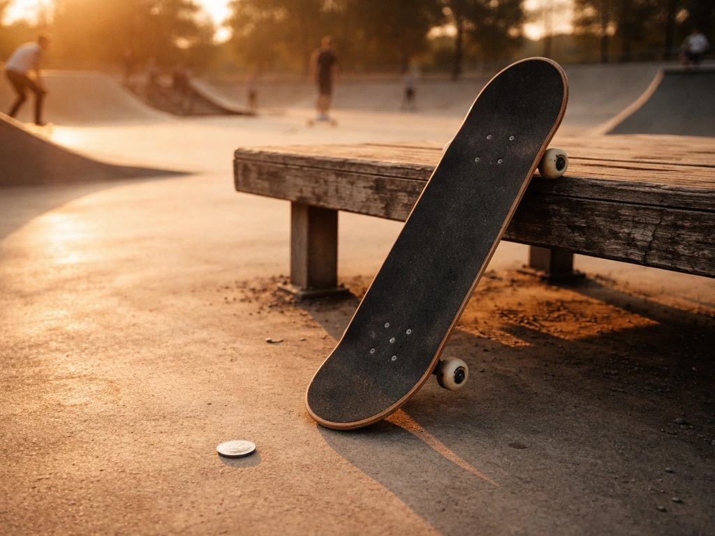 Skateboard leaning at a quiet skatepark with a silver coin on the concrete, golden hour mood.