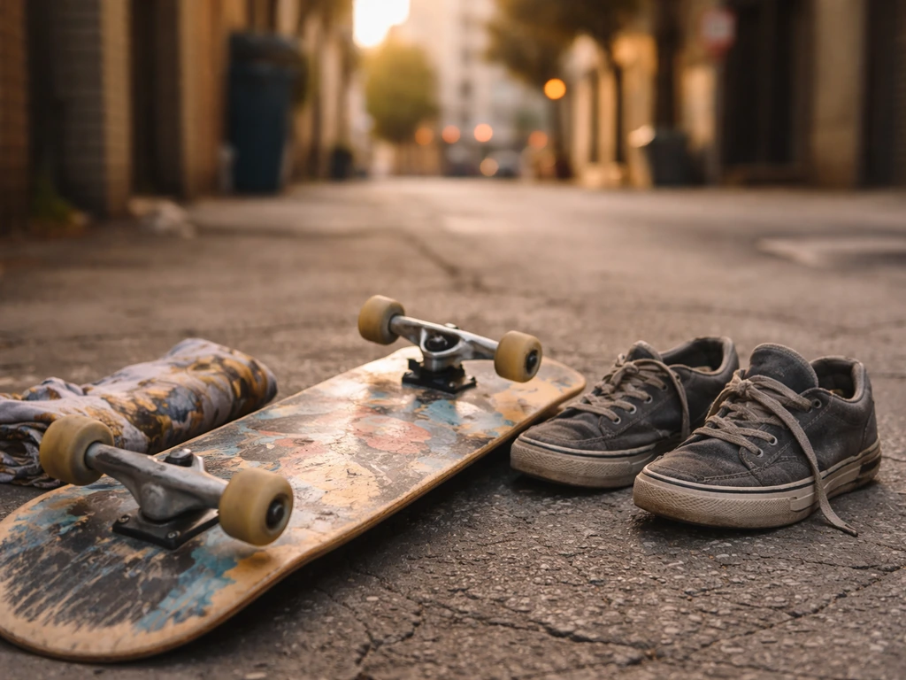 Skateboarding sponsor-style scene: a worn skateboard deck and gear near city street, money-themed mood